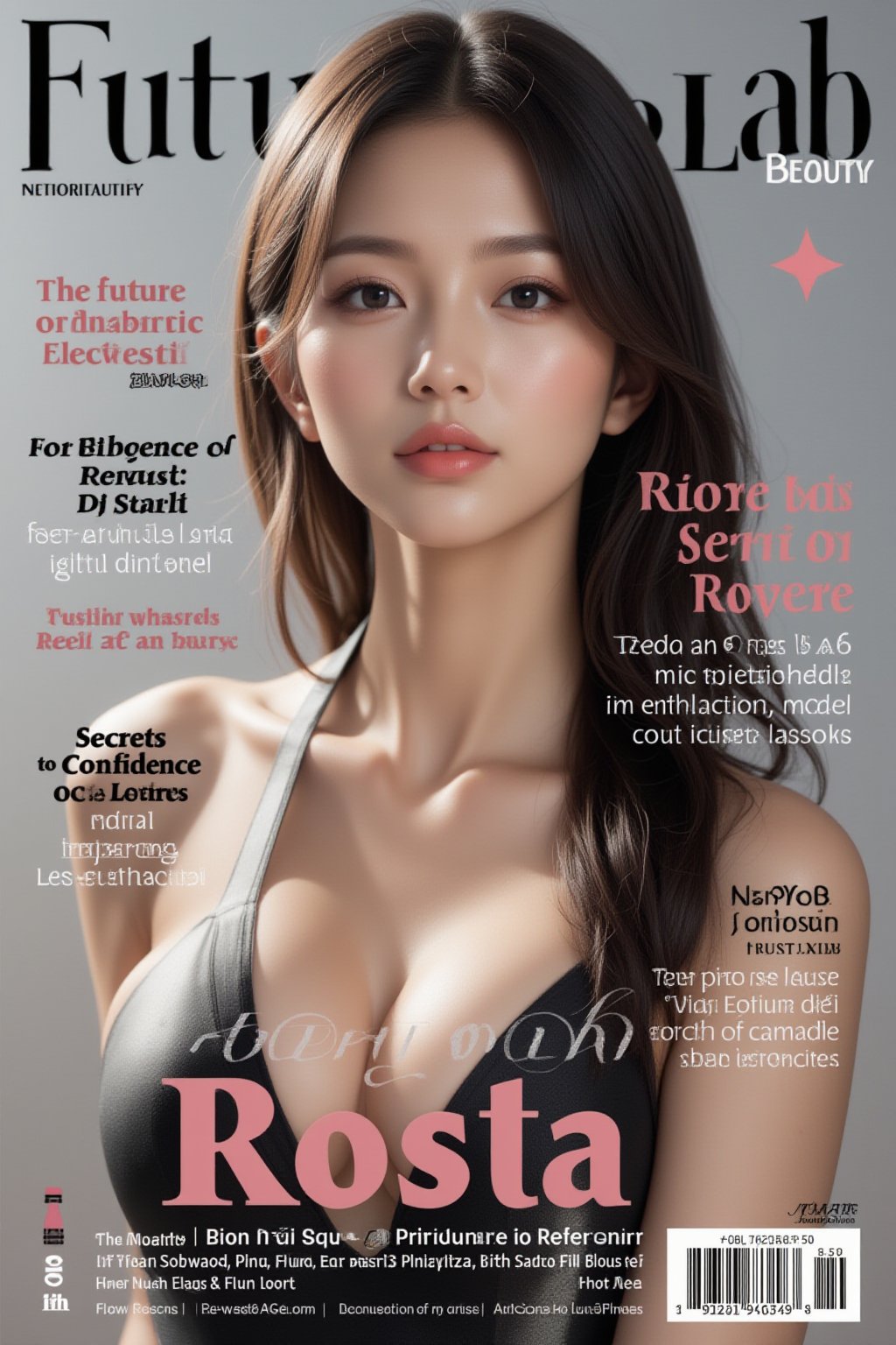 A high-fashion magazine cover featuring a close-up, upper-body shot of a beautiful Japanese female model with an enhanced bust size, confidently posing with elegance. Her sharp yet graceful facial features are highlighted, and she wears a stylish, modern outfit that accentuates her figure while maintaining a sophisticated and polished look. The background is a neutral gray with professional, magazine-quality lighting that enhances her photorealistic skin texture.

Across the cover, bold and stylish magazine text is displayed, including the title in elegant font: **"FuturEvoLab Beauty"** at the top. Other headlines include:
- **"Fashion Forward: The Future of Elegance"**
- **"Secrets to Confidence and Style"**
- **"Model of the Year: Embracing Allure and Power"**

The overall composition combines high-end fashion photography with captivating headlines that frame the model’s pose, drawing attention to her beauty and presence. The cover reflects sophistication, confidence, and modern fashion, with the FuturEvoLabBeautify aesthetic enhancing the visual impact.