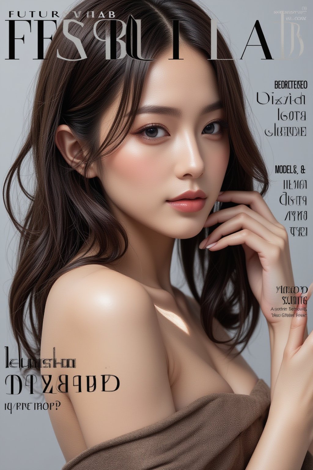 A high-fashion magazine cover featuring a close-up, upper-body shot of a beautiful Japanese female model with an enhanced bust size, confidently posing with elegance. Her sharp yet graceful facial features are highlighted, and she wears a stylish, modern outfit that accentuates her figure while maintaining a sophisticated and polished look. The background is a neutral gray with professional, magazine-quality lighting that enhances her photorealistic skin texture.

Across the cover, bold and stylish magazine text is displayed, including the title in elegant font: **"FuturEvoLab Beauty"** at the top. Other headlines include:
- **"Fashion Forward: The Future of Elegance"**
- **"Secrets to Confidence and Style"**
- **"Model of the Year: Embracing Allure and Power"**

The overall composition combines high-end fashion photography with captivating headlines that frame the model’s pose, drawing attention to her beauty and presence. The cover reflects sophistication, confidence, and modern fashion, with the FuturEvoLabBeautify aesthetic enhancing the visual impact.