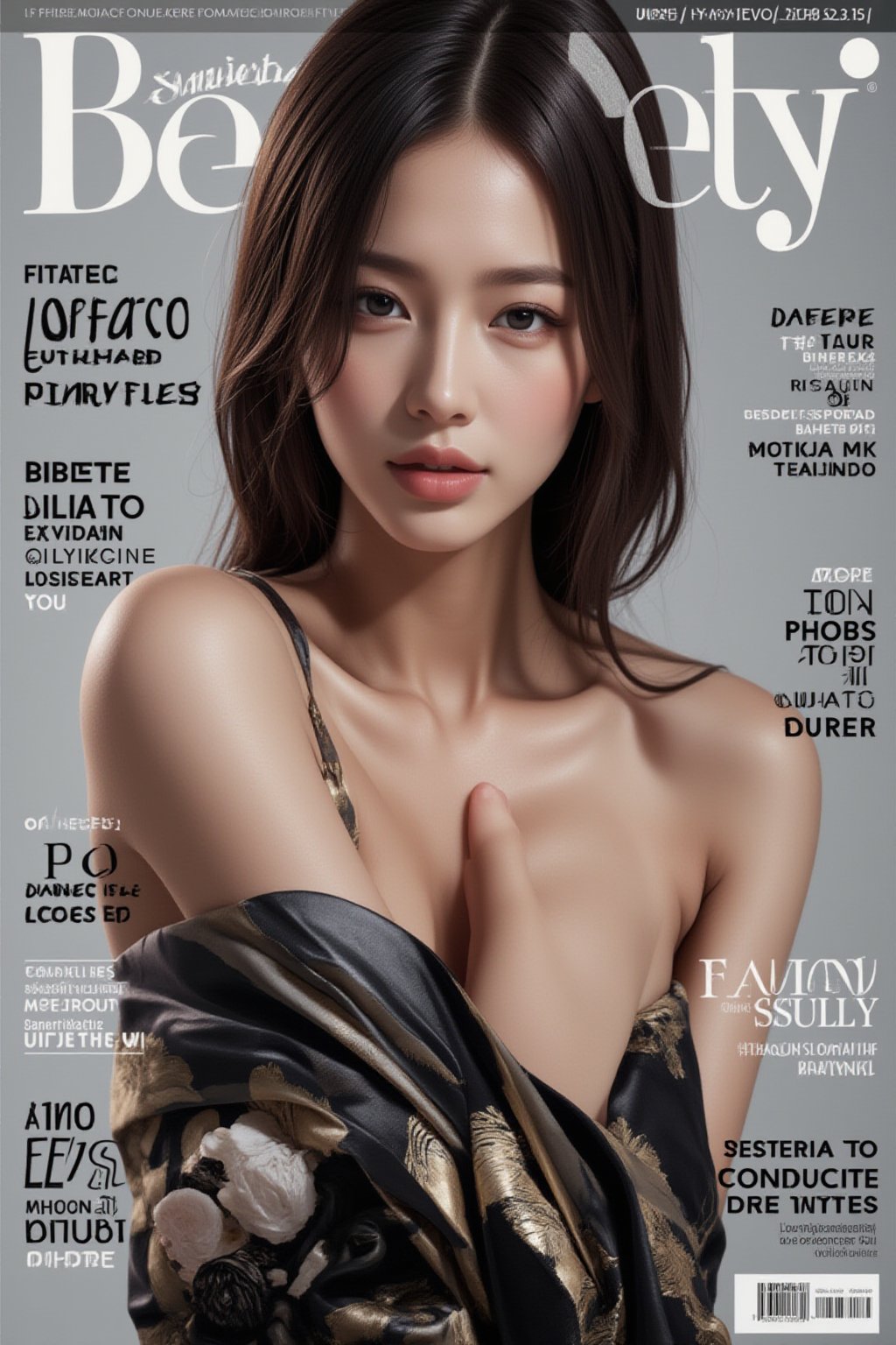 A high-fashion magazine cover featuring a close-up, upper-body shot of a beautiful Japanese female model with an enhanced bust size, confidently posing with elegance. Her sharp yet graceful facial features are highlighted, and she wears a stylish, modern outfit that accentuates her figure while maintaining a sophisticated and polished look. The background is a neutral gray with professional, magazine-quality lighting that enhances her photorealistic skin texture.

Across the cover, bold and stylish magazine text is displayed, including the title in elegant font: **"FuturEvoLab Beauty"** at the top. Other headlines include:
- **"Fashion Forward: The Future of Elegance"**
- **"Secrets to Confidence and Style"**
- **"Model of the Year: Embracing Allure and Power"**

The overall composition combines high-end fashion photography with captivating headlines that frame the model’s pose, drawing attention to her beauty and presence. The cover reflects sophistication, confidence, and modern fashion, with the FuturEvoLabBeautify aesthetic enhancing the visual impact.