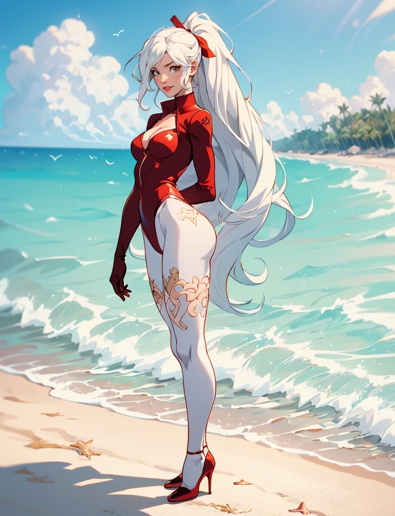 luffy d. fan art, (( white hair)),(( skin color full white)) , white aura, bunny girl, high heels, black pantyhose, tights, stocking, long_gloves, long blond hair, long_ponytail, full body, standing,style, sonny, beach, smile, red lips