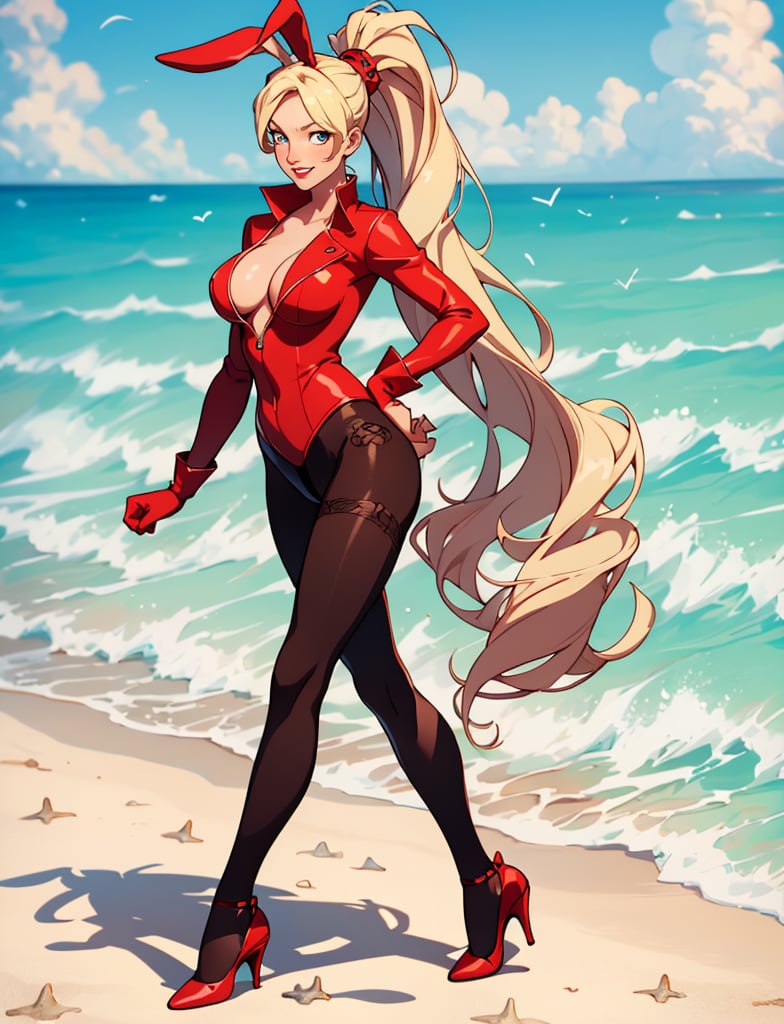 luffy d. fan art, bunny girl, high heels,pantyhose, black pantyhose, black gloves, long blond hair, long_ponytail, full body, standing,style, sonny, beach, smile, red lips, bunny_suit, solo, sexy