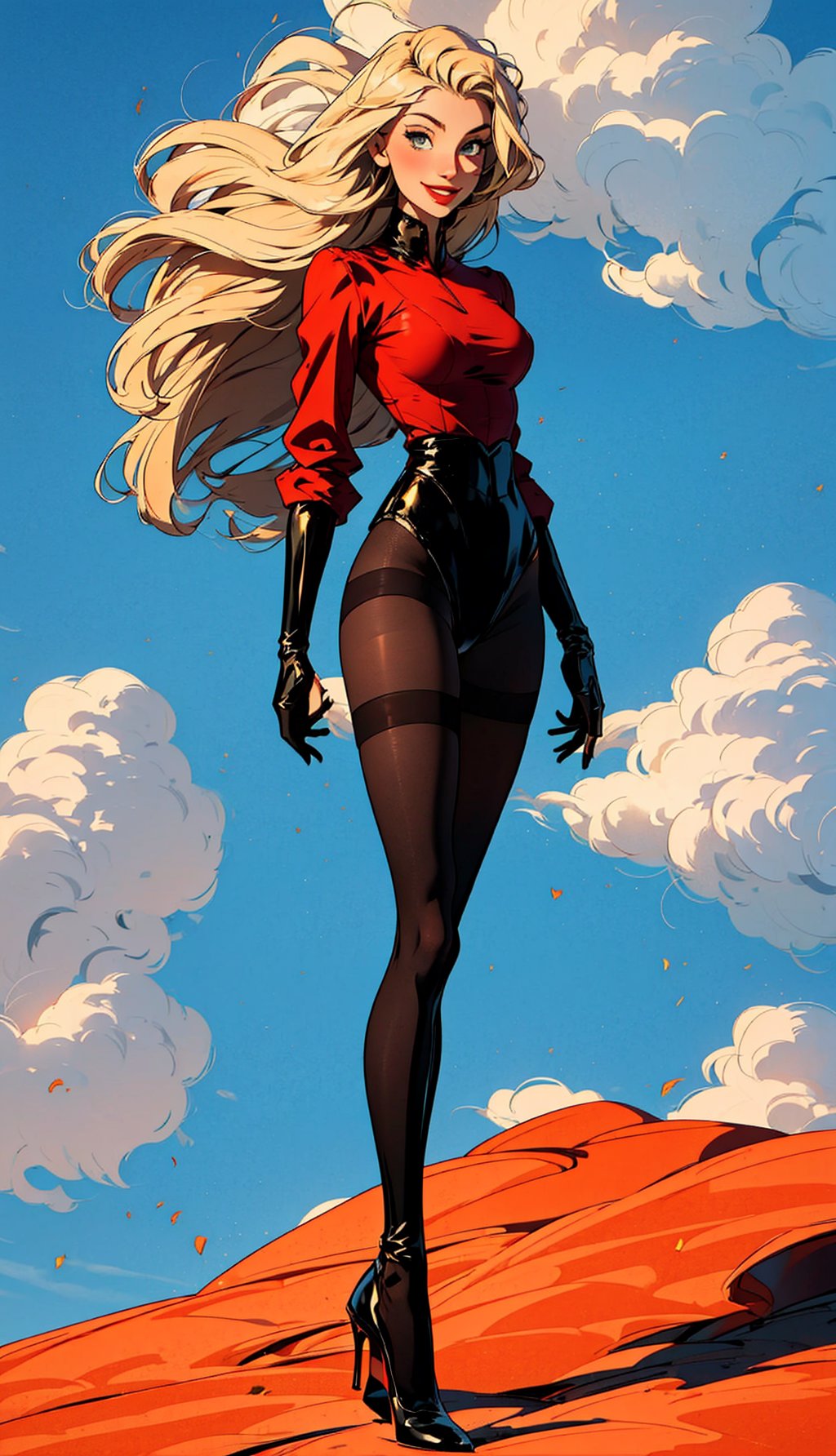 (windy background), 1woman, smile, (blond hair), long-hair, past-the-weste, beautiful breasts, (black tights),  (black stocking), clouds,style, bunny girl, pantyhose, high heels, full body, standing, black gloves