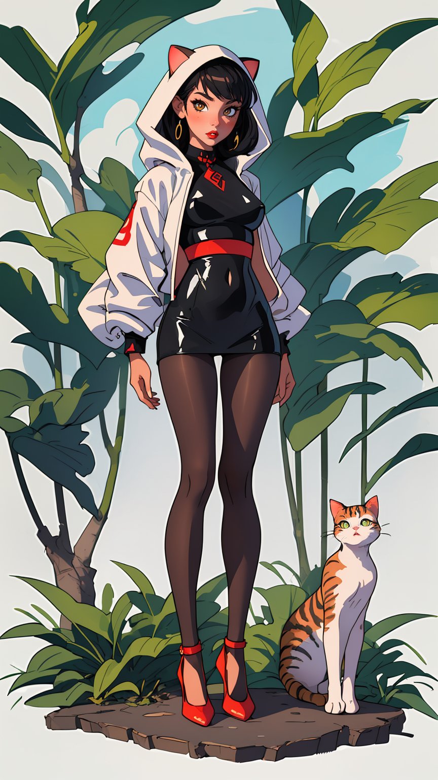 (best quality, masterpiece), 1girl, explorer, jungle, full lips, red lips, black pantyhose, white cat suit, cut, sexy, high heels, standing, full body