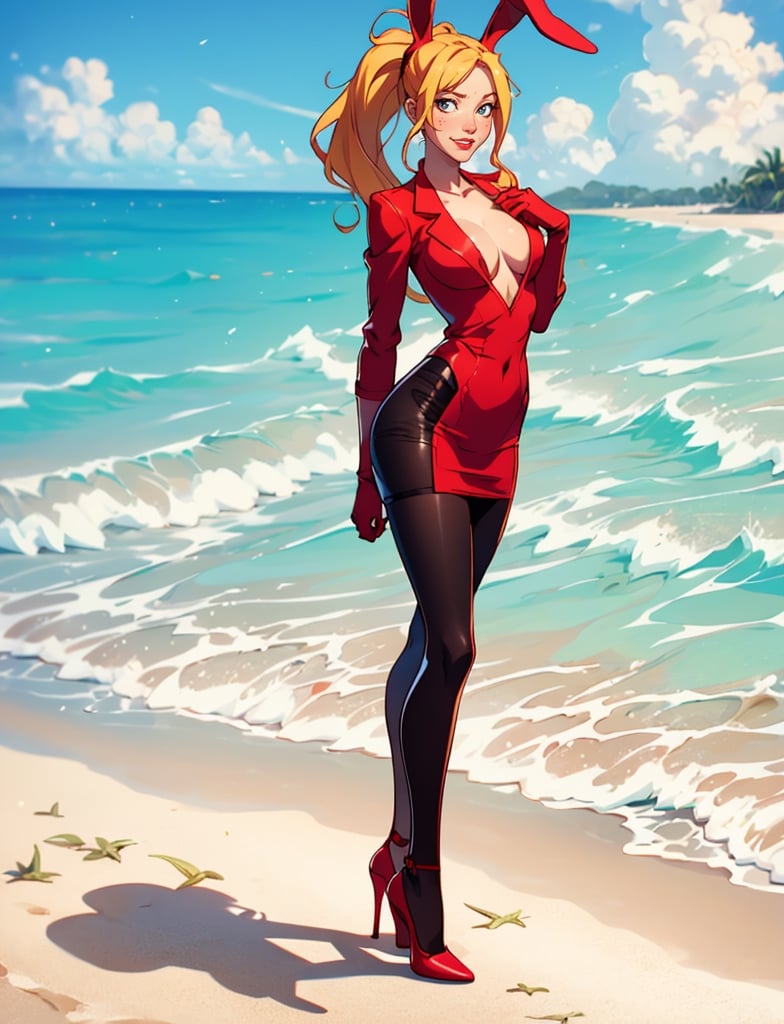 luffy d. fan art, bunny girl, high heels,pantyhose, black pantyhose, black gloves, long blond hair, long_ponytail, full body, standing,style, sonny, beach, smile, red lips, bunny_suit, solo, sexy