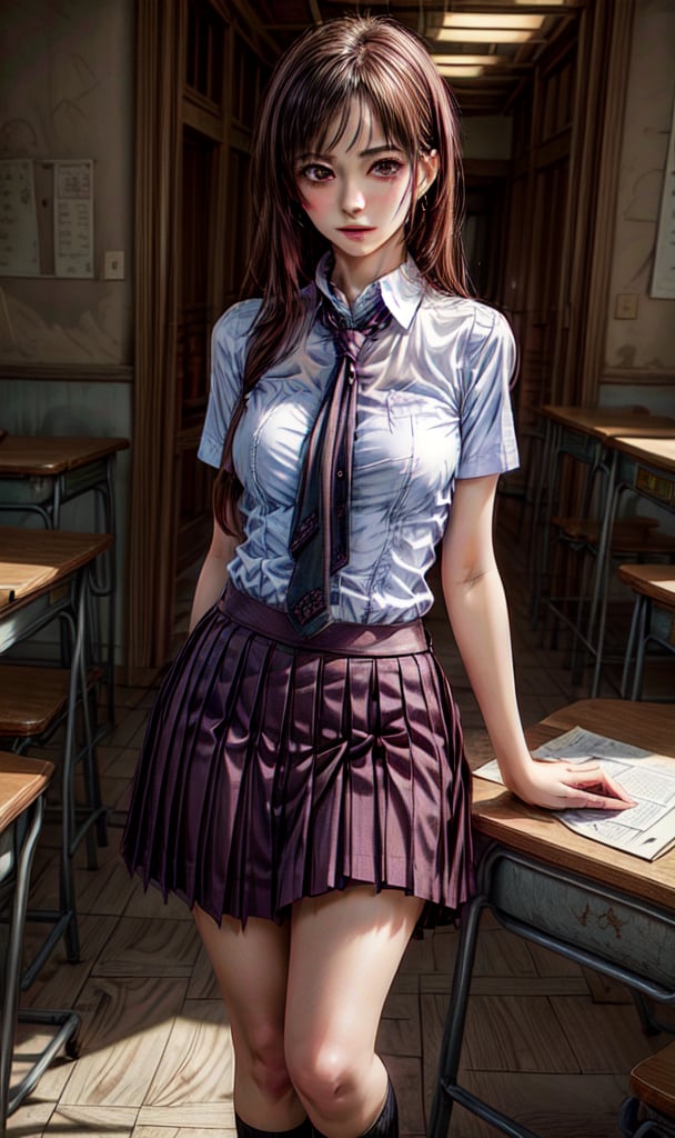 8k masterpiece,  hyper realistic gothic anime schoolgirl leaning against the wall in the hall at school,  black short hair...