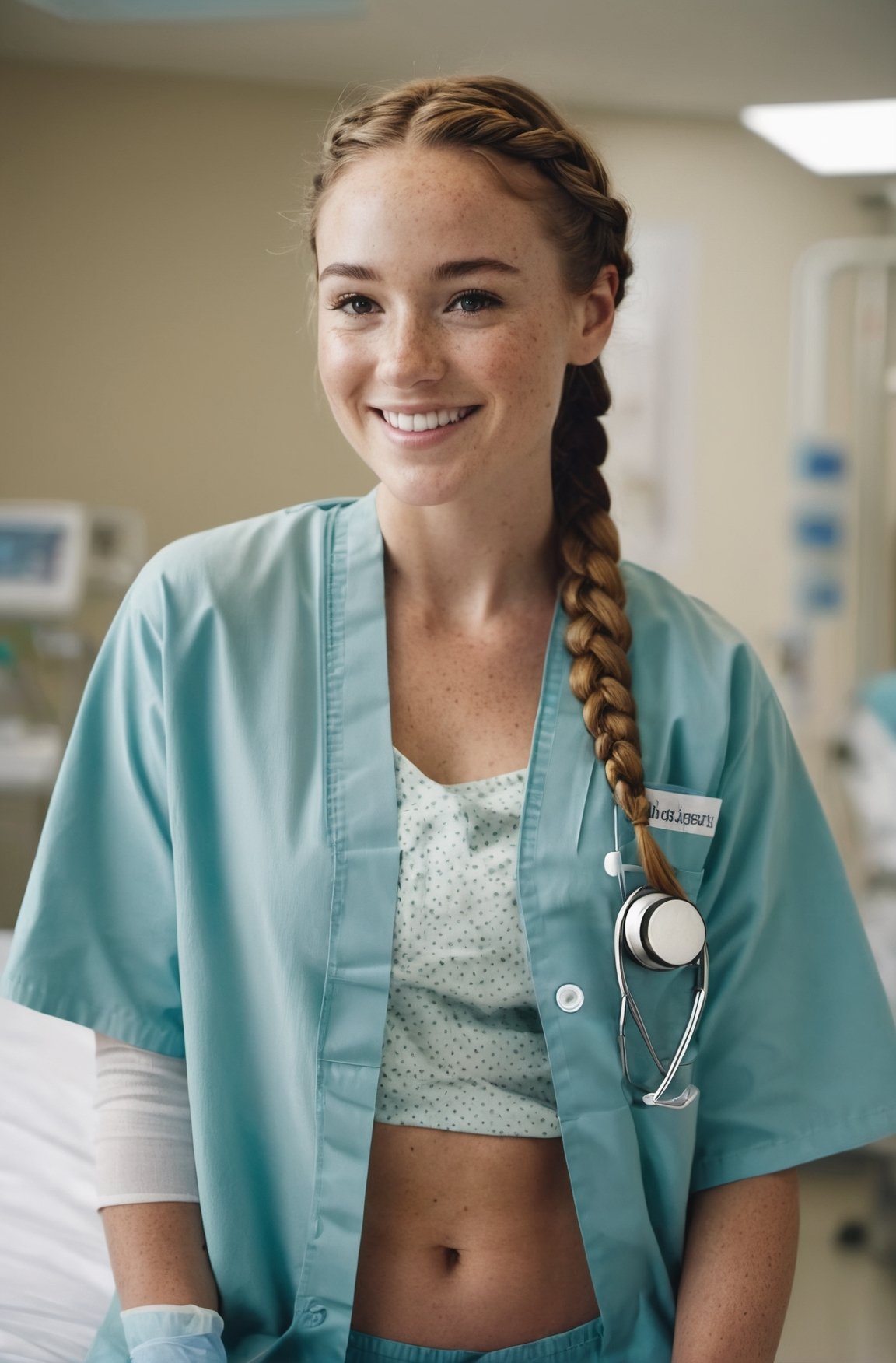 a woman with freckles smiling and braided hair, (full body:1.8) cinematic lighting,(cinematic, film grain:1.1), flat_abs, ribcage, (detailed_abs), wearing scrubs in a hospital, stomach_details