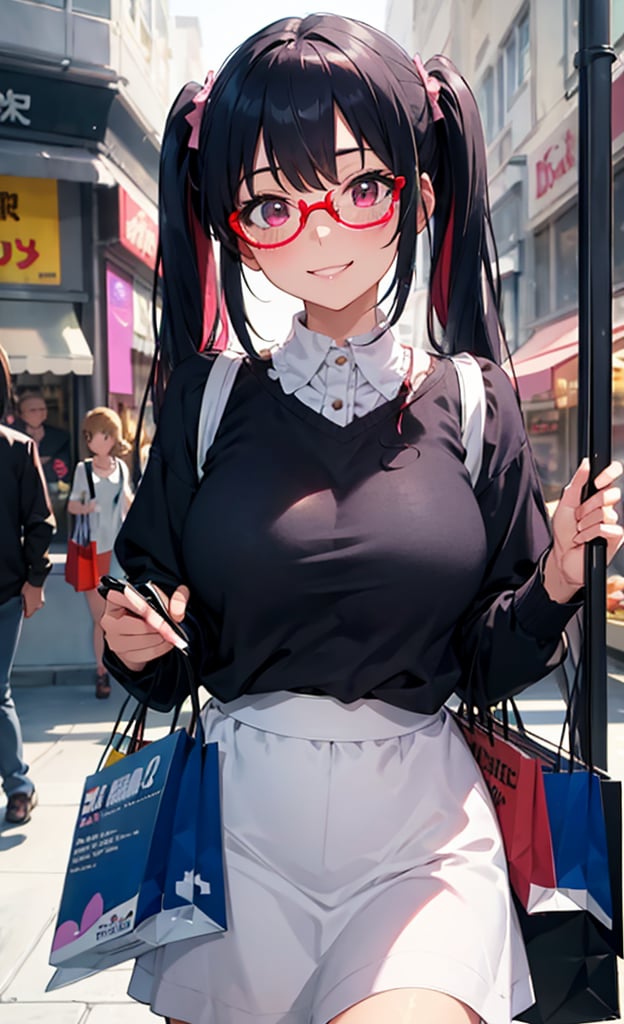 Walking,Anime, Absurd, Masterpiece, Super Detailed, Best Quality, Professional Lighting, Hyper Detail, Sharp Detail, (Light Transmission), Detailed background description,break,1 woman, very beautiful, detailed facial description, big beautiful red eyes, 28years old, break,(shopping street), seductive smile, glasses, deep blue hair red multicolored hair, twintails, long hair, break,(Pink ruffled blouse), (long lavender skirt),bag,middle large breasts, 