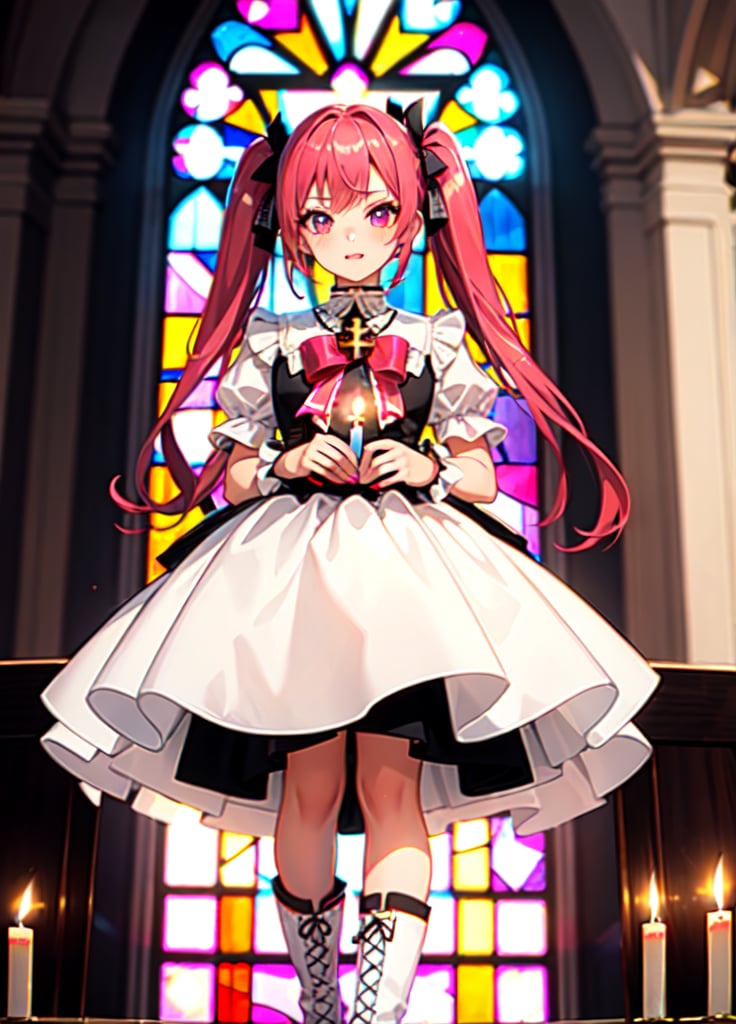 One girl, very pretty, 17 years old, big beautiful red eyes, focus on eyes, break,dark room, church, stained glass, light shining through, cross, candle,break, (pink Lolita fashion:1.2), white thick-soled boots, red hair, twin tails, red eye shadow,break,Anime, Absurd, Masterpiece, Super Detailed, Best Quality, Professional Lighting, Hyper Detail, Sharp Detail, (Light Transmission), (Spectacular Panorama View: 1.3)