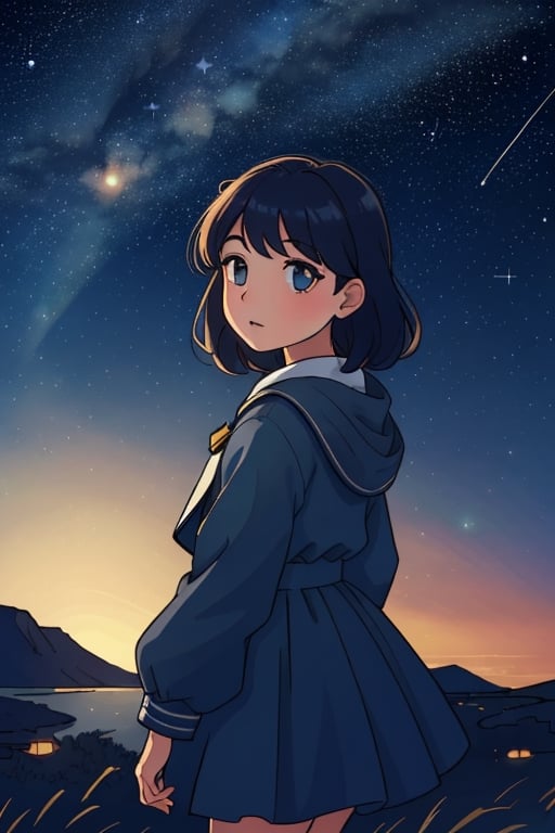 A beautiful starry night sky with a girl standing with her back turned, admiring the celestial display. The image should be a photograph capturing the breathtaking beauty of the night sky. The stars should be shining brightly, and constellations should be visible. The girl should be silhouetted against the night sky, with her posture conveying awe and wonder. The background should be a natural outdoor setting, enhancing the sense of immersion. The camera shot should be a medium shot, framing both the girl and the expansive night sky. The lens used should be a wide-angle lens to capture the vastness of the cosmos. The image should have high resolution, showcasing the fine details of the stars. Lighting should be natural, with the stars providing gentle illumination. The final result should be a realistic portrayal of a girl admiring the starry night sky, evoking a sense of wonder and tranquility.