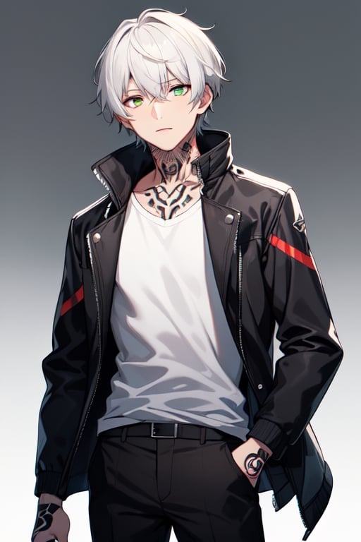 solo, looking at viewer, short hair, bangs, shirt, 1boy, closed mouth, green eyes, jacket, white hair, male focus, open clothes, pants, grey background, open jacket, black jacket, tattoo, glowing, scar, black background