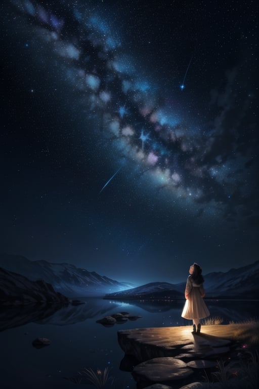 A beautiful starry night sky with a girl standing with her back turned, admiring the celestial display. The image should be a photograph capturing the breathtaking beauty of the night sky. The stars should be shining brightly, and constellations should be visible. The girl should be silhouetted against the night sky, with her posture conveying awe and wonder. The background should be a natural outdoor setting, enhancing the sense of immersion. The camera shot should be a medium shot, framing both the girl and the expansive night sky. The lens used should be a wide-angle lens to capture the vastness of the cosmos. The image should have high resolution, showcasing the fine details of the stars. Lighting should be natural, with the stars providing gentle illumination. The final result should be a realistic portrayal of a girl admiring the starry night sky, evoking a sense of wonder and tranquility.