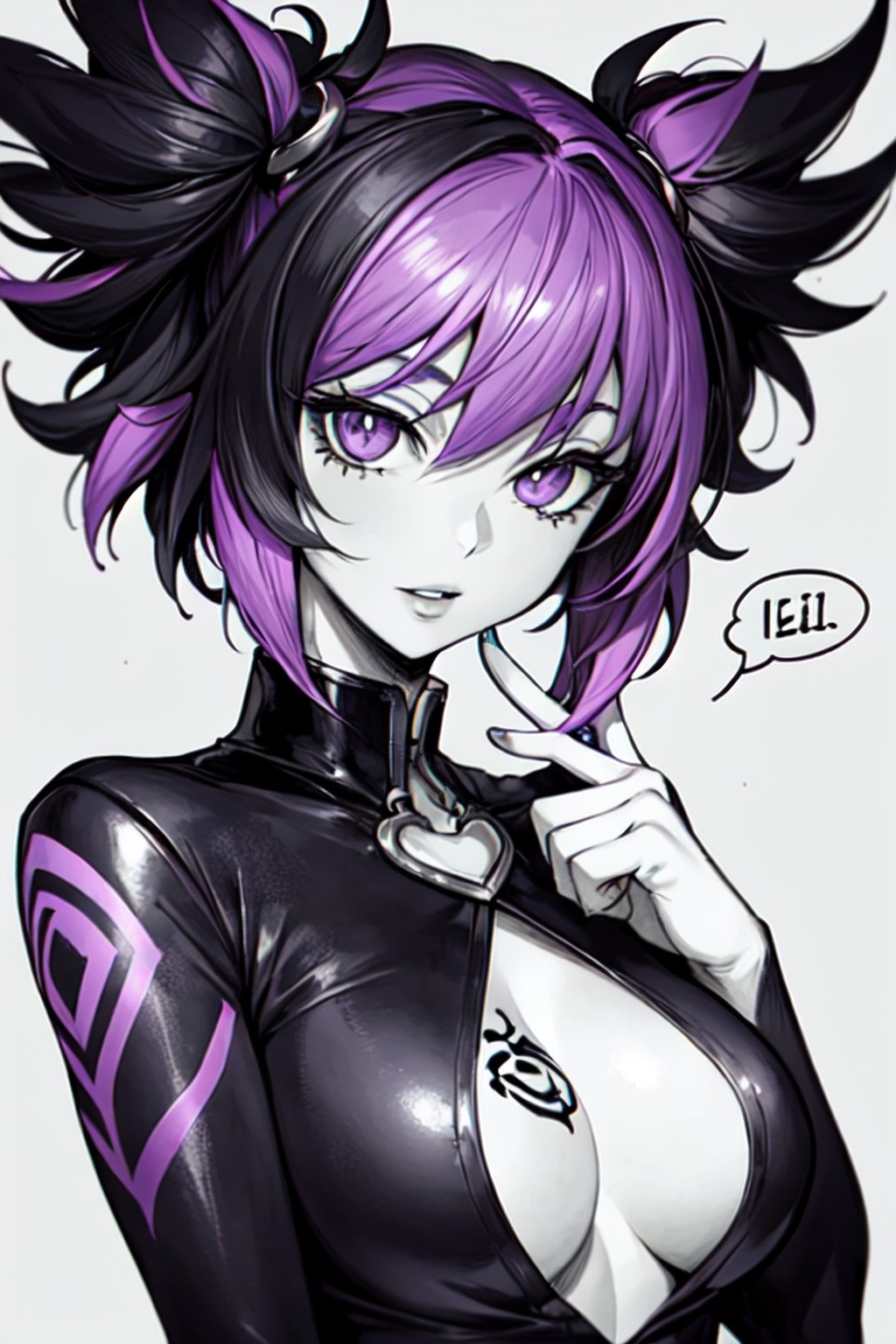 aesthetic,  2 tone,  black and white,  simplified shapes,  style mix of photography and digital art,  color pop theme,  a cute girl,  purple-hair,  violet_eyes,  tattoos,  highly detailed,  ultra detailed,  very intricate,  low poly,  abstract surreal,  Kanji,  Katakana,  artstation,  graffiti style,  comics style,  anime style,b3rli,monochrome,High detailed ,Color magic