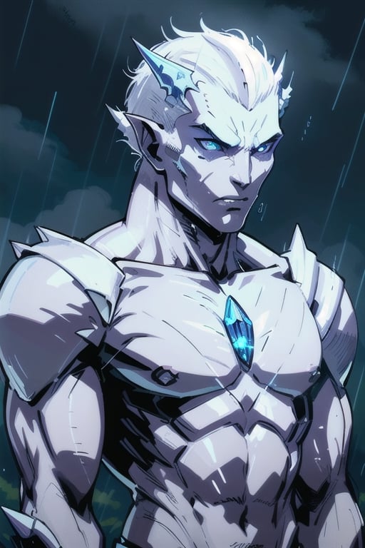 dark scene, humanoid alien, white skin, alien, spiky skin, scaly skin, evil, diamond armor, alien king, night sky, male focus, muscular, muscular male, night, outdoors, rain, serious, dark atmosphere, detailed background, upper body, inked, thick outlined, centered