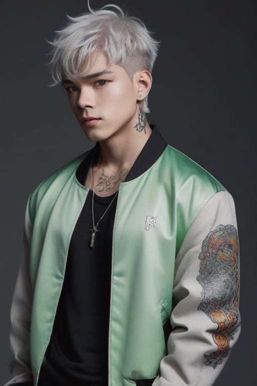 solo, looking at viewer, short hair, bangs, shirt, 1boy, closed mouth, green eyes, jacket, white hair, male focus, open clothes, pants, grey background, open jacket, black jacket, tattoo, glowing, scar, black background,glowing, 