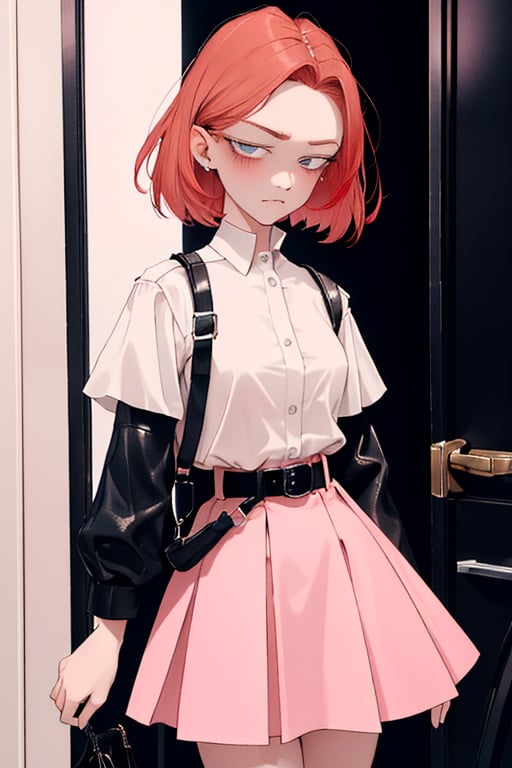 A 16-year-old girl with a slim figure and average height. She has platinum reddish hair and bright amber eyes. Her skin is pale, with a hint of tan. She wears a white and pink designer dress, with a black leather belt. Her appearance is that of a privileged person, but her expression is one of boredom and discontent.