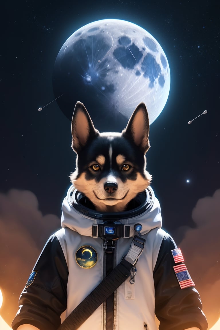 solo, 1boy, yellow eyes, upper body, weapon, male focus, sky, animal, moon, star \(sky\), full moon, starry sky, dog, space, planet, weapon on back, shiba inu