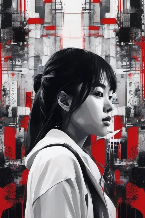 aesthetic, 2 tone, black and white, simplified shapes, figurative, style mix of acrylic painting, watercolor, oil painting, photography, digital art,   brush strokes, dark red color pop, a gorgeous young asian girl, highly detailed , ultra detailed, very intricate, low poly, abstract surreal, Kanji , Katakana ,  niji style, graffiti style,  comics style, anime style 