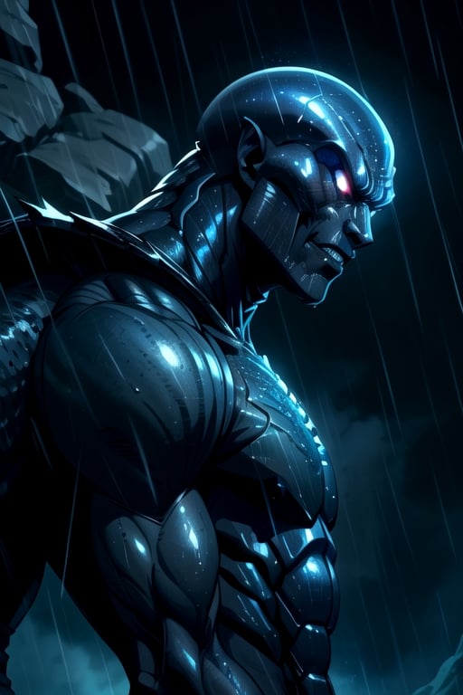 dark scene, humanoid alien, black skin, alien, spiky skin, scaly skin, evil, (diamond armor), alien king, night sky, male focus, muscular, muscular male, night, outdoors, rain, serious, dark atmosphere, detailed background, upper body, inked, thick outlined, centered