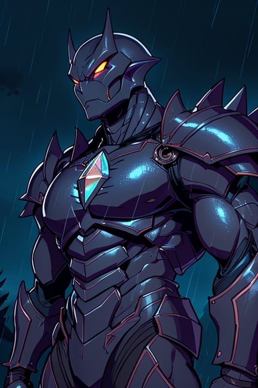 dark scene, humanoid alien, black skin, alien, spiky skin, scaly skin, evil, (diamond armor), alien king, night sky, male focus, muscular, muscular male, night, outdoors, rain, serious, dark atmosphere, detailed background, upper body, inked, thick outlined, centered