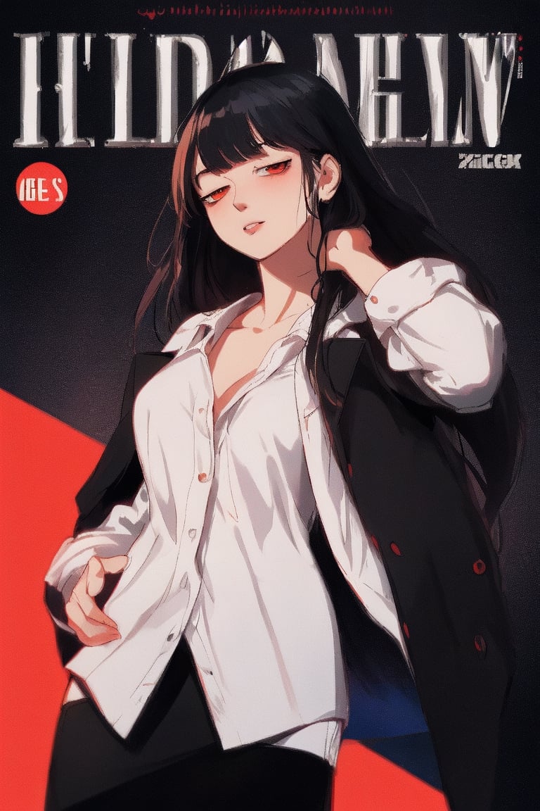 1girl, solo, long hair, looking at viewer, bangs, skirt, shirt, black hair, red eyes, long sleeves, cleavage, collarbone, jacket, white shirt, cowboy shot, open clothes, black skirt, coat, black jacket, red background, pencil skirt, hand in own hair, hand on own head,girl,magazine cover