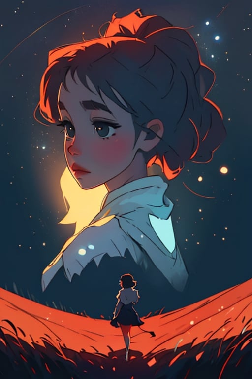 {{A serene depiction of a girl from behind}} as she stands under a starry night sky, gazing upward in wonder. This is a tranquil and introspective-inspired image that captures the girl's sense of awe and connection with the universe. The environment/background should be an open field with a clear view of the star-filled sky, creating a peaceful atmosphere. The image should be in the style of a soft and ethereal photograph, incorporating elements of astrophotography by Annie Leibovitz. The medium shot, captured with a medium telephoto lens, will provide a balanced view of the girl and the expansive night sky. The lighting should be gentle moonlight and the faint glow of stars, emphasizing the dreamlike quality. The desired level of detail is moderately intricate, with a high-resolution rendering that brings out the girl's silhouette and the starry expanse. The goal is to create an image that invites viewers to share in the girl's sense of wonder.,SAM YANG