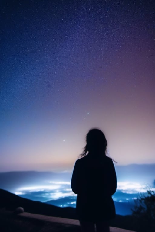 A beautiful starry night sky with a girl standing with her back turned, admiring the celestial display. The image should be a photograph capturing the breathtaking beauty of the night sky. The stars should be shining brightly, and constellations should be visible. The girl should be silhouetted against the night sky, with her posture conveying awe and wonder. The background should be a natural outdoor setting, enhancing the sense of immersion. The camera shot should be a medium shot, framing both the girl and the expansive night sky. The lens used should be a wide-angle lens to capture the vastness of the cosmos. The image should have high resolution, showcasing the fine details of the stars. Lighting should be natural, with the stars providing gentle illumination. The final result should be a realistic portrayal of a girl admiring the starry night sky, evoking a sense of wonder and tranquility.