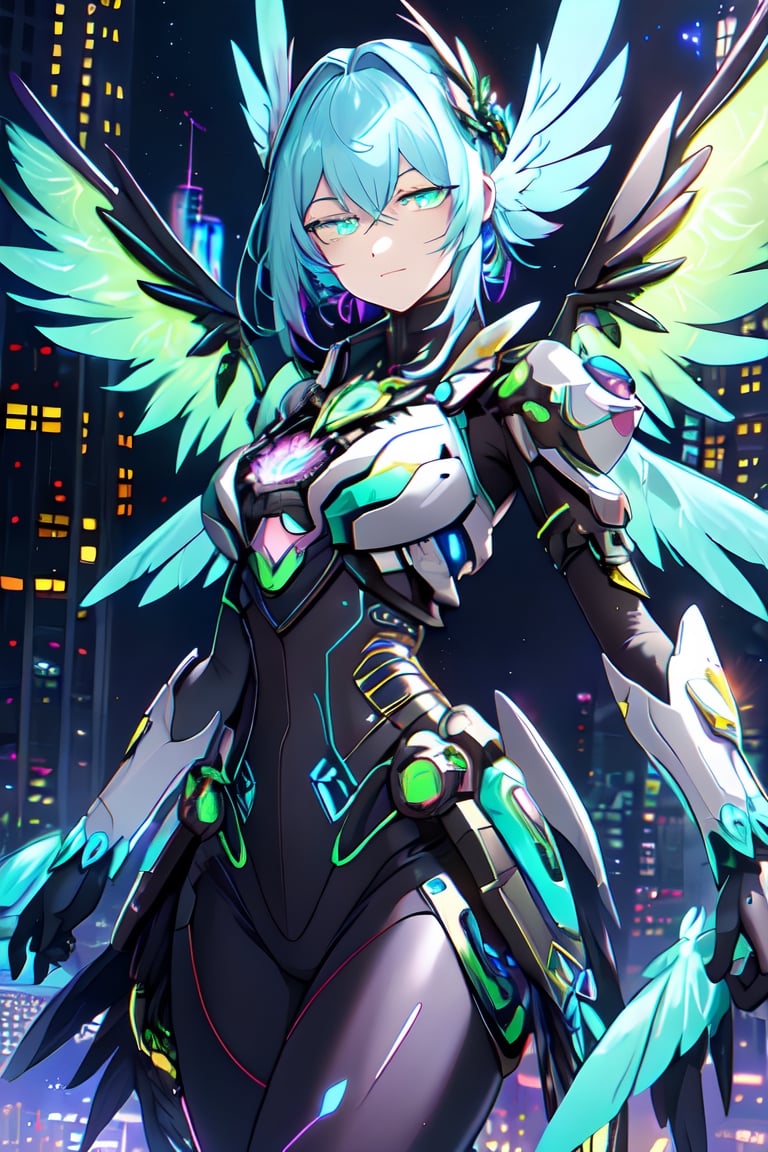 A vibrant, futuristic solarpunk harpy, ((enigmatic eyes)), neon-colored eyes, her wings adorned with intricate circuitry and glowing solar panels, perches atop a decaying skyscraper. The digital painting captures all the details of his metallic feathers, which contrast with the crumbling cityscape. The artist's skill is evident in the realistic textures and vibrant colors, which draw the viewer into this post-apocalyptic world.