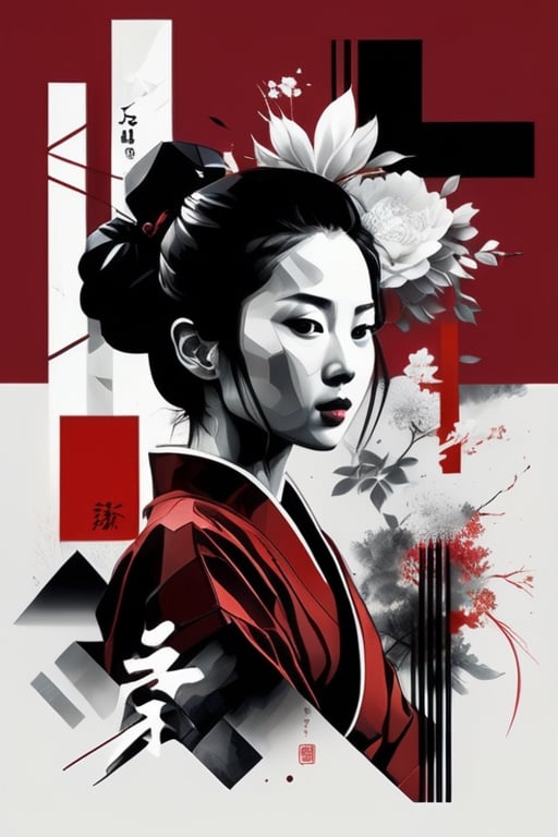 aesthetic, 2 tone, black and white, simplified shapes, figurative, style mix of acrylic painting, watercolor, oil painting, photography, digital art,   brush strokes, dark red color pop, a gorgeous young asian girl, highly detailed , ultra detailed, very intricate, low poly, abstract surreal, Kanji , Katakana ,  niji style, graffiti style,  comics style, anime style 