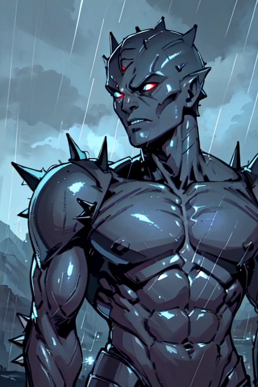 dark scene, humanoid alien, black skin, alien, spiky skin, scaly skin, evil, diamond armor, alien king, night sky, male focus, muscular, muscular male, night, outdoors, rain, serious, dark atmosphere, detailed background, upper body, inked, thick outlined, centered