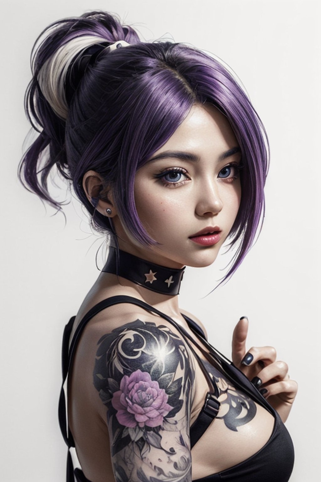 aesthetic,  2 tone,  black and white,  simplified shapes,  style mix of photography and digital art,  color pop theme,  a cute girl,  purple-hair,  violet_eyes,  tattoos,  highly detailed,  ultra detailed,  very intricate,  low poly,  abstract surreal,  Kanji,  Katakana,  artstation,  graffiti style,  comics style,  anime style,b3rli,monochrome,High detailed ,Color magic