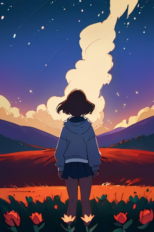 {{A serene depiction of a girl from behind}} as she stands under a starry night sky, gazing upward in wonder. This is a tranquil and introspective-inspired image that captures the girl's sense of awe and connection with the universe. The environment/background should be an open field with a clear view of the star-filled sky, creating a peaceful atmosphere. The image should be in the style of a soft and ethereal photograph, incorporating elements of astrophotography by Annie Leibovitz. The medium shot, captured with a medium telephoto lens, will provide a balanced view of the girl and the expansive night sky. The lighting should be gentle moonlight and the faint glow of stars, emphasizing the dreamlike quality. The desired level of detail is moderately intricate, with a high-resolution rendering that brings out the girl's silhouette and the starry expanse. The goal is to create an image that invites viewers to share in the girl's sense of wonder.