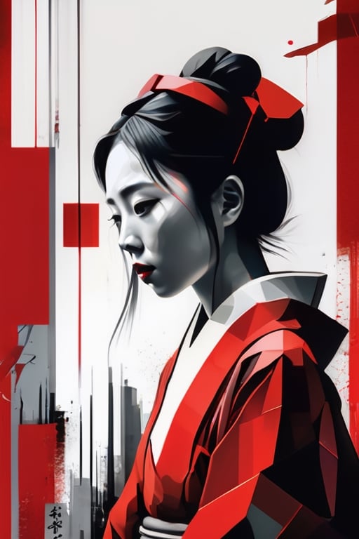 aesthetic, 2 tone, black and white, simplified shapes, figurative, style mix of acrylic painting, watercolor, oil painting, photography, digital art,   brush strokes, dark red color pop, a gorgeous young asian girl, highly detailed , ultra detailed, very intricate, low poly, abstract surreal, Kanji , Katakana ,  niji style, graffiti style,  comics style, anime style 