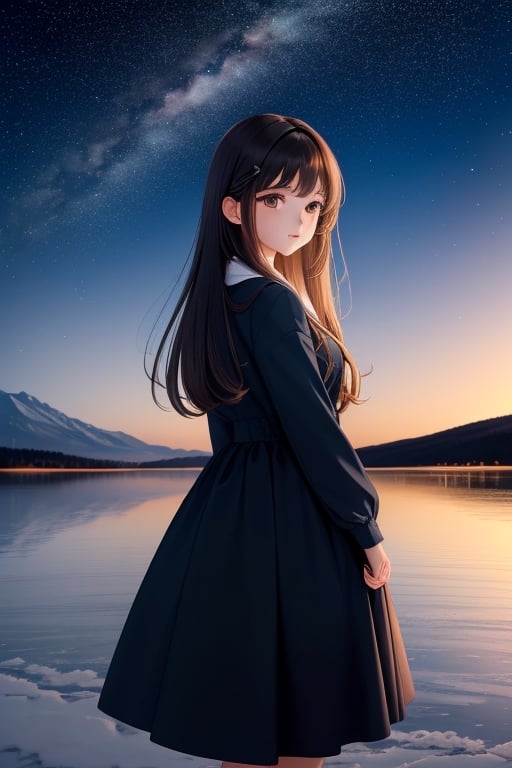 A beautiful starry night sky with a girl standing with her back turned, admiring the celestial display. The image should be a photograph capturing the breathtaking beauty of the night sky. The stars should be shining brightly, and constellations should be visible. The girl should be silhouetted against the night sky, with her posture conveying awe and wonder. The background should be a natural outdoor setting, enhancing the sense of immersion. The camera shot should be a medium shot, framing both the girl and the expansive night sky. The lens used should be a wide-angle lens to capture the vastness of the cosmos. The image should have high resolution, showcasing the fine details of the stars. Lighting should be natural, with the stars providing gentle illumination. The final result should be a realistic portrayal of a girl admiring the starry night sky, evoking a sense of wonder and tranquility.