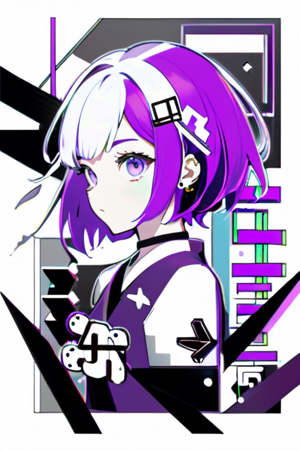 aesthetic,  2 tone,  black and white,  simplified shapes,  style mix of photography and digital art,  color pop theme,  a cute girl,  purple-hair,  violet_eyes,  tattoos,  highly detailed,  ultra detailed,  very intricate,  low poly,  abstract surreal,  Kanji,  Katakana,  artstation,  graffiti style,  comics style,  anime style,b3rli,monochrome,High detailed ,Color magic