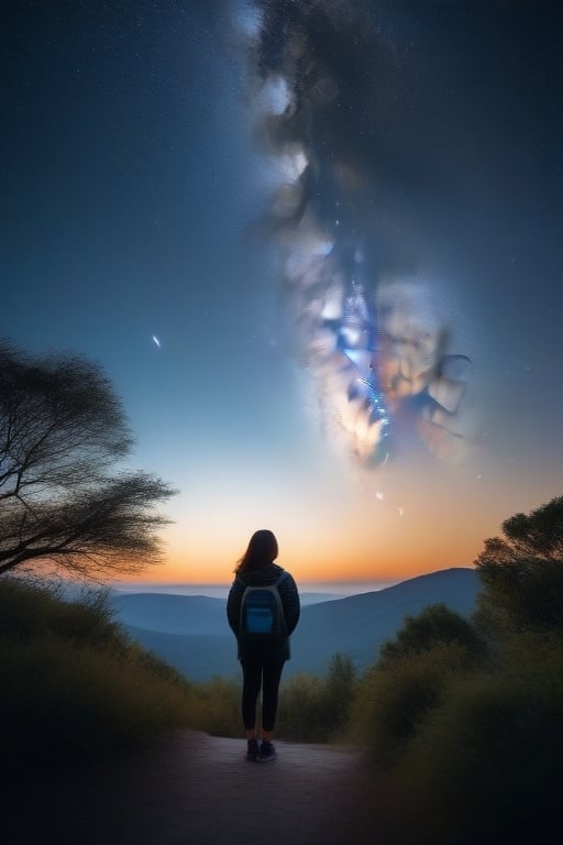 A beautiful starry night sky with a girl standing with her back turned, admiring the celestial display. The image should be a photograph capturing the breathtaking beauty of the night sky. The stars should be shining brightly, and constellations should be visible. The girl should be silhouetted against the night sky, with her posture conveying awe and wonder. The background should be a natural outdoor setting, enhancing the sense of immersion. The camera shot should be a medium shot, framing both the girl and the expansive night sky. The lens used should be a wide-angle lens to capture the vastness of the cosmos. The image should have high resolution, showcasing the fine details of the stars. Lighting should be natural, with the stars providing gentle illumination. The final result should be a realistic portrayal of a girl admiring the starry night sky, evoking a sense of wonder and tranquility.