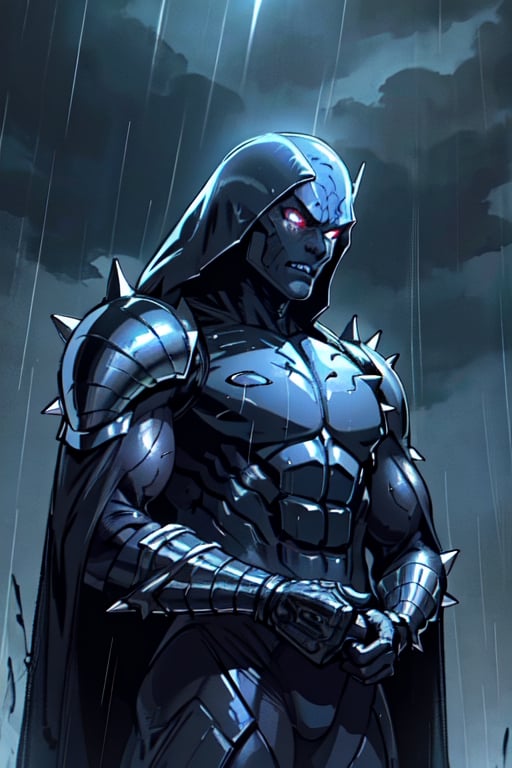 dark scene, humanoid alien, black skin, alien, spiky skin, scaly skin, evil, (diamond armor), alien king, night sky, male focus, muscular, muscular male, night, outdoors, rain, serious, dark atmosphere, detailed background, upper body, inked, thick outlined, centered