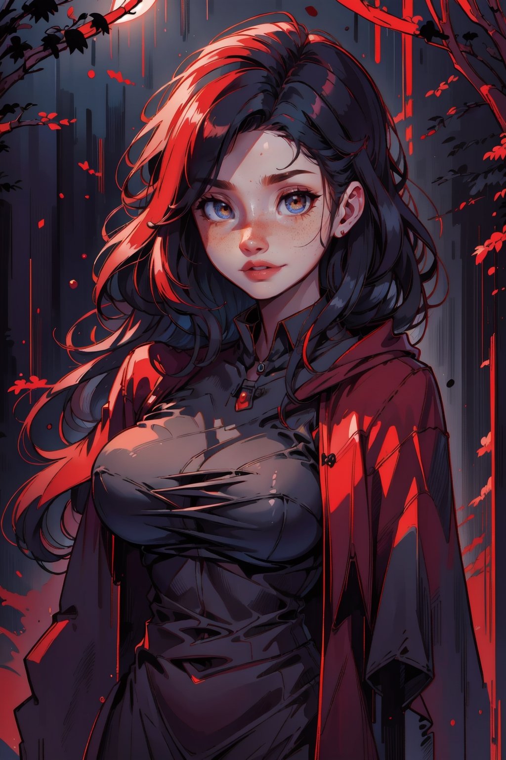 sketch, red hood, seductive gaze, mysterious atmosphere, dark forest, moonlit night, flowing cloak, enigmatic smile, suggestive pose, subtle lighting, hints of danger, alluring presence, hidden secrets, captivating eyes,ClrSkt