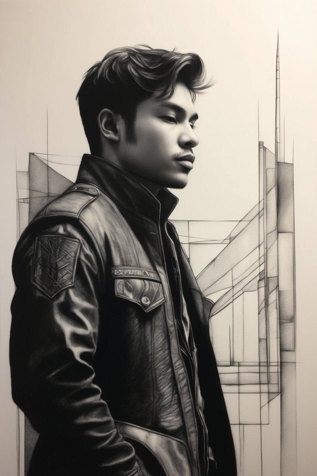 solo, 1boy, monochrome, greyscale, male focus, scar, traditional media, graphite \(medium\), Drawing style
