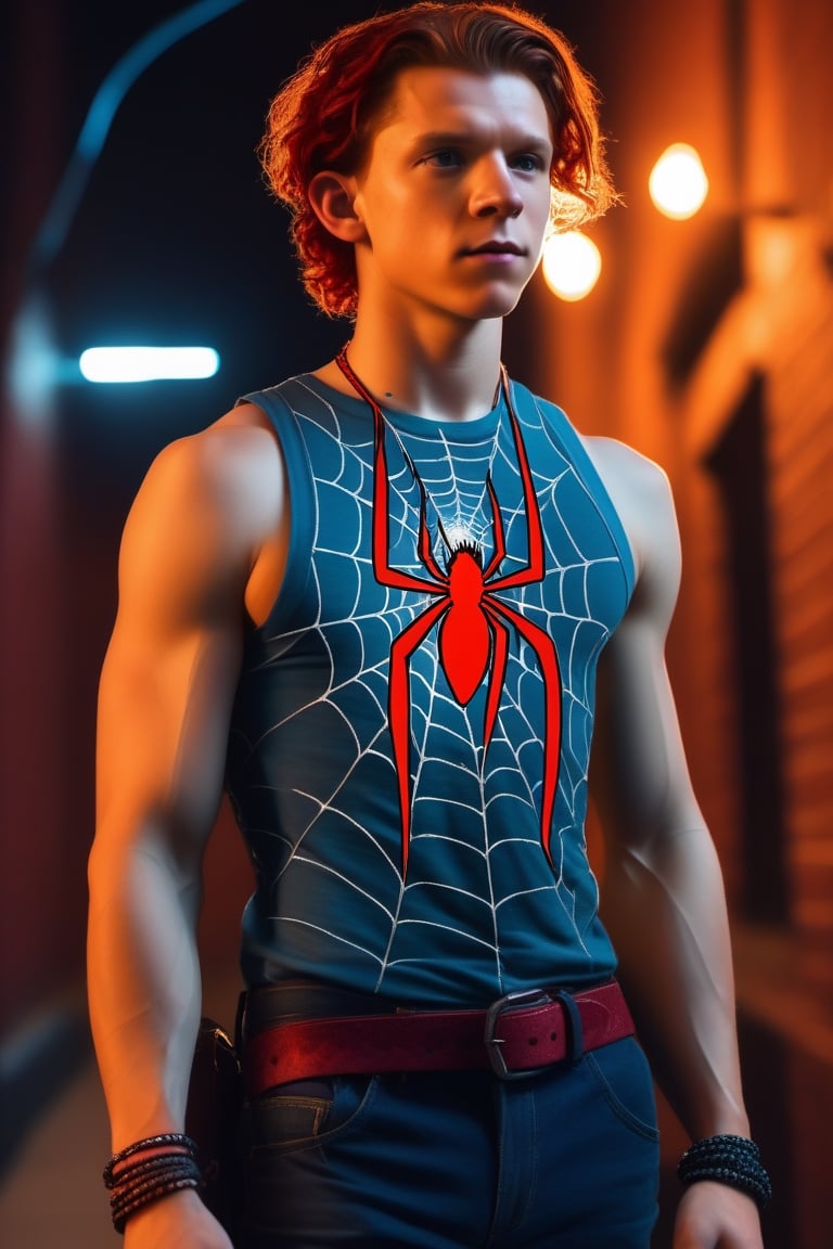 (((((Tom Holland with Red crimson wavy hair and dark red eyeshadow makeup))))), (((((braided long ponytail Orange hair))))), ((((Wearing a Dark blue turquoise sleeveless tank crop-top with a spider web pattern and a spike choker)))), ((((dark blue turquoise pants with a spider web pattern)))), Dark turquoise clothing, ((((Red long combat boots pairs with spikes belts)))), New school tattoo of a Crimson spider with knife tattooed on the bottom of his left forearm, detailed clothes, ((((navel piercing)))), ((((finely detailed beautiful orange eyes and detailed face)))), (American Brutalism architecture prison courtyard background), photorealistic, male standing, looking away, from side, firm ass, (standing), (((full body plan))), beautiful and aesthetic, perfect detailed face, action movie, movie screenshot, beautiful lighting, masterpiece, professional photography, great quality, cinematic, intrincated, extremely detailed CG unity 8k wallpaper