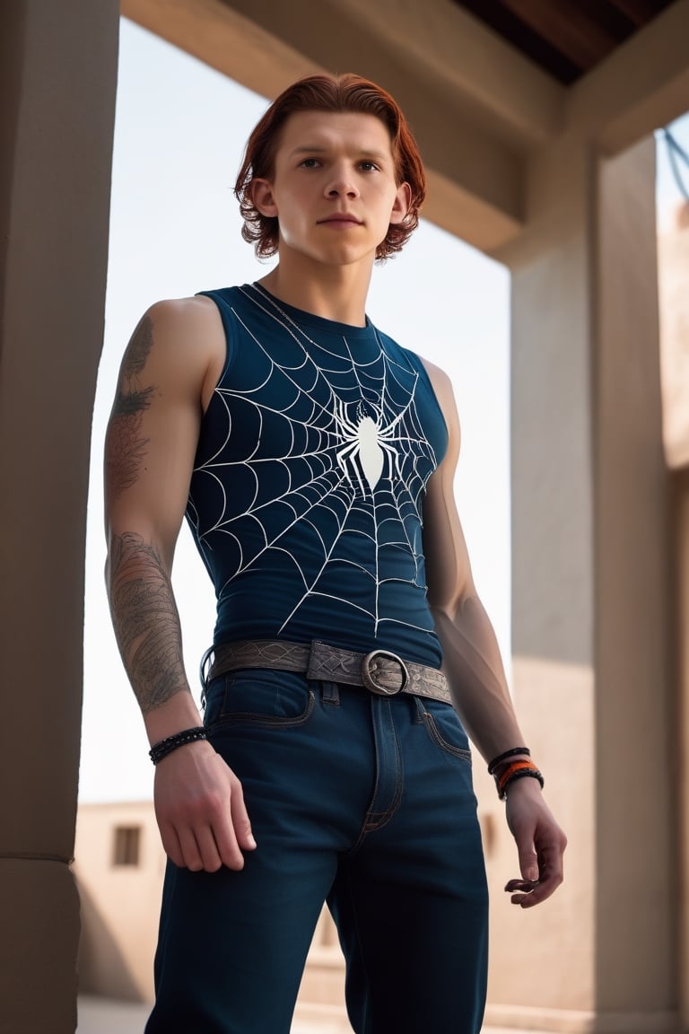 ((((Tom Holland with Red crimson wavy hair and dark red eyeshadow makeup)))), ((((braided long ponytail Orange hair)))), ((((Wearing a Dark blue turquoise sleeveless tank crop-top with a spider web pattern and a spike choker)))), ((((dark blue turquoise pants with a spider web pattern)))), Dark turquoise clothing, ((((Red long combat boots pairs with spikes belts))), New school tattoo of a Crimson spider with knife tattooed on the bottom of his left forearm, detailed clothes, navel piercing, ((((finely detailed beautiful orange eyes and detailed face)))), (American Brutalism architecture prison courtyard background), photorealistic, male standing, looking away, from side, firm ass, (standing), (((full body plan))), beautiful and aesthetic, perfect detailed face, action movie, movie screenshot, beautiful lighting, masterpiece, professional photography, great quality, cinematic, intrincated, extremely detailed CG unity 8k wallpaper