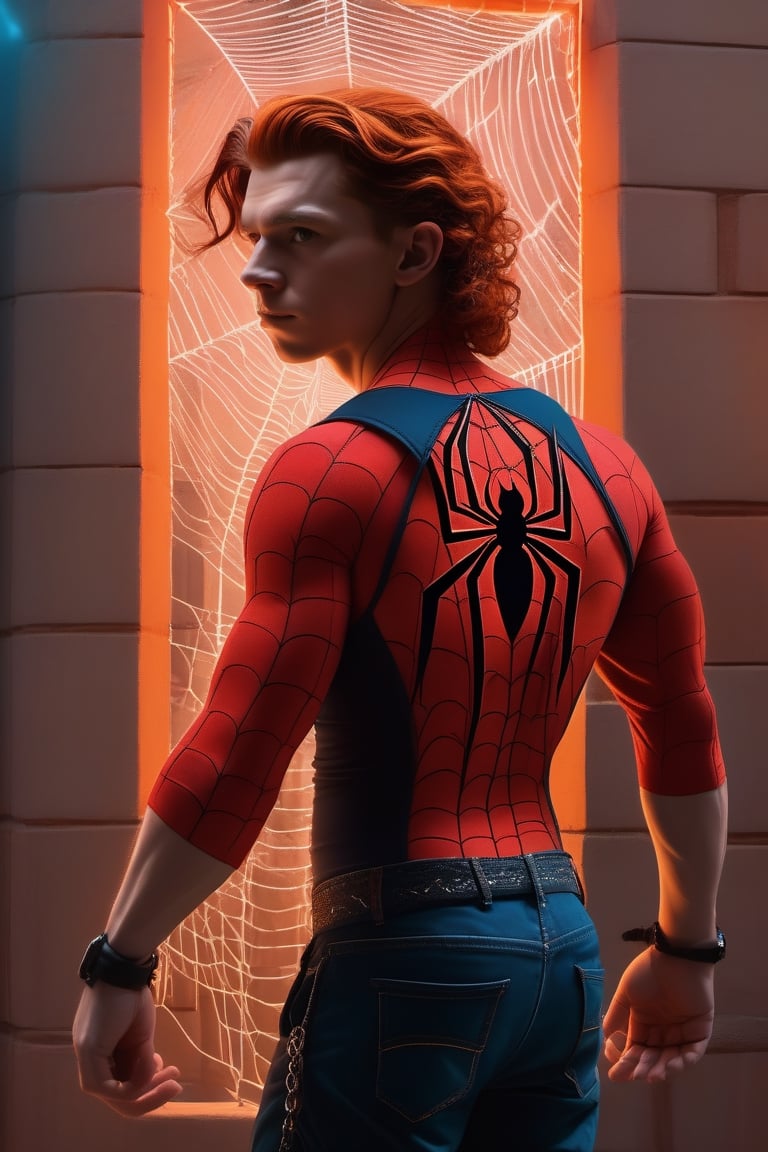 (((((Tom Holland with Red crimson wavy hair and dark red eyeshadow makeup))))), (((((braided long ponytail Orange hair))))), ((((Wearing a Dark blue turquoise sleeveless tank crop-top with a spider web pattern and a spike choker)))), ((((dark blue turquoise pants with a spider web pattern)))), Dark turquoise clothing, ((((Red long combat boots pairs with spikes belts)))), New school tattoo of a Crimson spider with knife tattooed on the bottom of his left forearm, detailed clothes, ((((navel piercing)))), ((((finely detailed beautiful orange eyes and detailed face)))), (American Brutalism architecture prison courtyard background), photorealistic, male standing, looking away, from side, firm ass, (standing), (((full body plan))), beautiful and aesthetic, perfect detailed face, action movie, movie screenshot, beautiful lighting, masterpiece, professional photography, great quality, cinematic, intrincated, extremely detailed CG unity 8k wallpaper