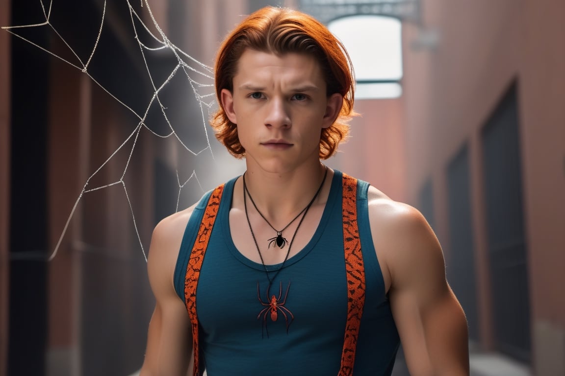 ((((Tom Holland with Crimson wavy hair and dark red eyeshadow makeup)))), ((((braided long ponytail Orange hair)))), ((((Wearing a Dark blue turquoise sleeveless tank crop-top with a spider web pattern and a spike choker)))), ((((dark blue turquoise pants with a spider web pattern)))), Dark turquoise clothing, New school tattoo of a Crimson spider with knife tattooed on the bottom of his left forearm, detailed clothes, ((((finely detailed beautiful orange eyes and detailed face)))), (American Brutalism architecture prison courtyard background), photorealistic, action movie, movie screenshot , beautiful lighting, masterpiece, professional photography, great quality, cinematic, intrincated, (((full body plan))), extremely detailed CG unity 8k wallpaper