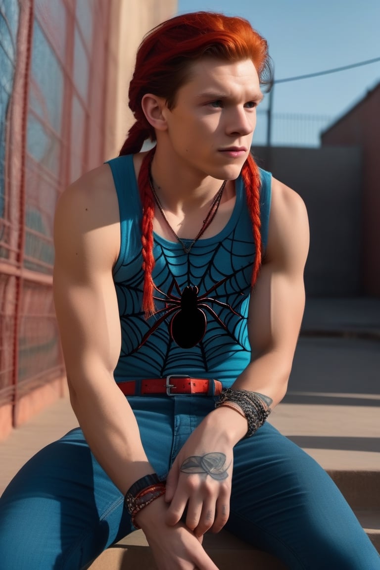 ((((Tom Holland with Red crimson wavy hair and dark red eyeshadow makeup)))), ((((braided long ponytail Orange hair)))), ((((Wearing a Dark blue turquoise sleeveless tank crop-top with a spider web pattern and a spike choker)))), ((((dark blue turquoise pants with a spider web pattern)))), Dark turquoise clothing, ((((Red long combat boots pairs with spikes belts))), New school tattoo of a Crimson spider with knife tattooed on the bottom of his left forearm, detailed clothes, ((((finely detailed beautiful orange eyes and detailed face)))), (American Brutalism architecture prison courtyard background), photorealistic, male standing, looking away, from side, firm ass, (standing), (((full body plan))), beautiful and aesthetic, perfect detailed face, action movie, movie screenshot, beautiful lighting, masterpiece, professional photography, great quality, cinematic, intrincated, extremely detailed CG unity 8k wallpaper