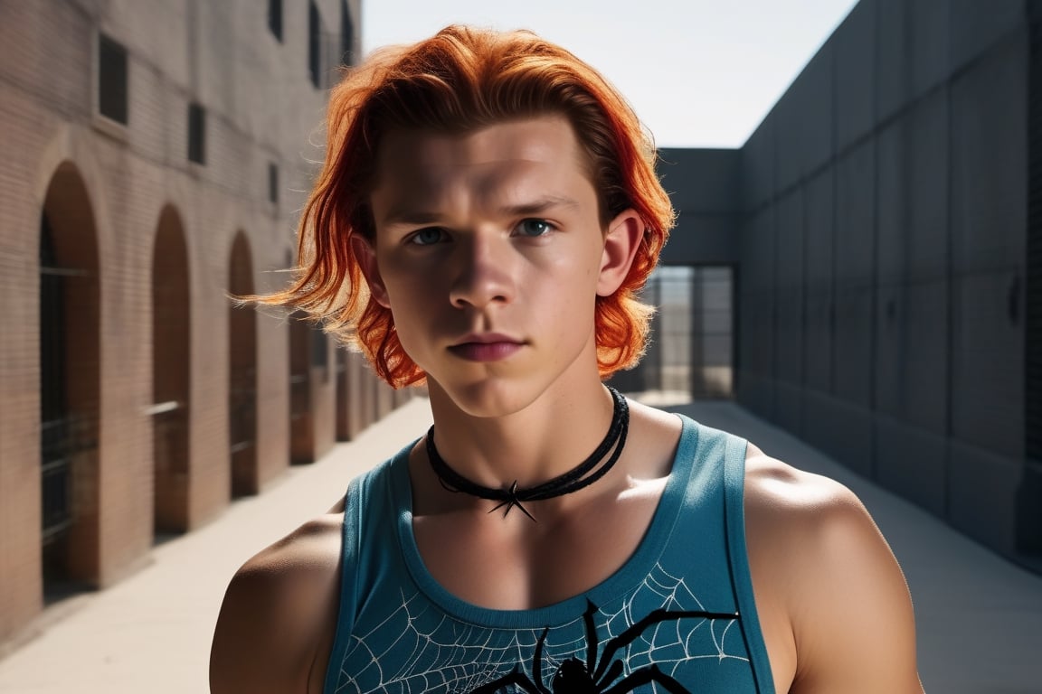 ((((Tom Holland with Red crimson wavy hair and dark red eyeshadow makeup)))), ((((braided long ponytail Orange hair)))), ((((Wearing a Dark blue turquoise sleeveless tank crop-top with a spider web pattern and a spike choker)))), ((((dark blue turquoise pants with a spider web pattern)))), Dark turquoise clothing, New school tattoo of a Crimson spider with knife tattooed on the bottom of his left forearm, detailed clothes, ((((finely detailed beautiful orange eyes and detailed face)))), (American Brutalism architecture prison courtyard background), photorealistic, action movie, movie screenshot , beautiful lighting, masterpiece, professional photography, great quality, cinematic, intrincated, (((full body plan))), extremely detailed CG unity 8k wallpaper