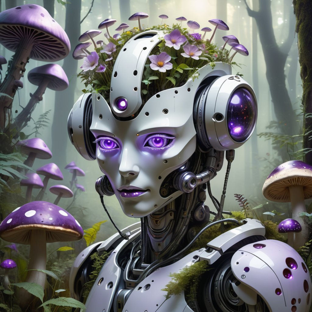 (masterpiece), best quality, expressive eyes,A futuristic humanoid robot with glowing purple eyes and nature integrated into its design, including flowers and small plants growing on its head. The robot stands in a mystical forest environment surrounded by large mushrooms and dense foliage. The lighting is soft and ethereal, creating a magical and otherworldly atmosphere. The artistic style is highly detailed, blending elements of science fiction and fantasy. The mood evokes a sense of tranquility and wonder.