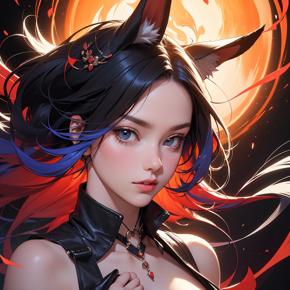 A mesmerizing 1girl with Crazy Color hair and animal ears looks directly at the viewer, her bright orbs shining and floating about. with confidence. Her closed mouth is adorned with bold red lipstick, adding a touch of fierceness to her already striking appearance. The portrait showcases her individuality and creativity, making her a true work of art.