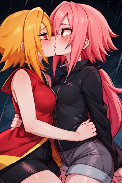 8k resolution, high resolution, masterpiece, intricate details, highly detailed, HD quality, solo, loli, dark background, black desert, scarlet moon,red moon, moon, rain,  2_girls, girls kissing, Naruko uzumaki.red eyes.(Naruko uzumaki has red eyes).blonde.yellow hair.Naruko uzumaki's clothes.black coat.black pants.a gentle expression.a satisfied expression.a playful expression.(Naruko towers over her partner), Sakura Haruno.Haruno Sakura's eyes.pink hair.short hair.(Haruno Sakura's clothes.red dress with cutouts on the sides.black tight shorts.an embarrassed expression.a happy expression.amorous expression, kiss, two girls kissing, naruko and wednesday kissing, spittle, lesbian kiss, yuri, detailed kiss, kiss with tongues, detailed languages, focus on the whole body, the whole body in the frame, small breasts, rich colors, vibrant colors, detailed eyes, super detailed, extremely beautiful graphics, super detailed skin, best quality, highest quality, high detail, masterpiece, detailed skin, perfect anatomy, perfect body, perfect hands, perfect fingers, complex details, reflective hair, textured hair, best quality,super detailed,complex details, high resolution,

Shadbase,Ankha,USA,Sonique,Sonic,Naruto,Wednesday Addams  ,kiss,JCM2,Naruko,Shadbase ,Mrploxykun, Addams ,Artist,haruno sakura