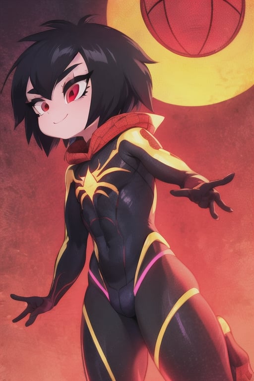 8k resolution, high resolution, masterpiece, intricate details, highly detailed, HD quality, solo, loli, short stature, little girls, only girls, dark background, rain, scarlet moon, crimson moon, moon, moon on the background, science fiction, science fiction city, red neon, blood red neon, burgundy red neon,

Peni Parker.red eyes.shining scarlet eyes.shining eyes.black hair.short haircut.slim build.teenage girl.Spiderman.Marvel.superhero.young woman.slim build.the red web.tight-fitting suit.black and red clothes.black spider print on the chest.black spider emblem.spider print.black print.hood.stretched hood.cheked smile.funny expression.fighting pose,

focus on the whole body, the whole body in the frame, the body is completely in the frame, the body does not leave the frame, detailed hands, detailed fingers, perfect body, perfect anatomy, wet bodies, rich colors, vibrant colors, detailed eyes, super detailed, extremely beautiful graphics, super detailed skin, best quality, highest quality, high detail, masterpiece, detailed skin, perfect anatomy, perfect body, perfect hands, perfect fingers, complex details, reflective hair, textured hair, best quality,super detailed,complex details, high resolution,

,AGGA_ST011,ChronoTemp ,illya,Star vs. the Forces of Evil ,Captain kirb,jtveemo,JCM2,Mrploxykun,Gerph ,Jago,Overlord,Artist,penini,C7b3rp0nkStyle,High detailed ,neon palette,perfecteyes,horror,fantasy00d