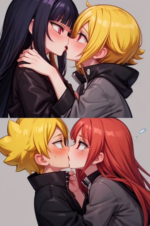 8k resolution, high resolution, masterpiece, intricate details, highly detailed, HD quality, solo, loli, dark background, black desert, scarlet moon,red moon, moon, rain,  2_girls, girls kissing, Naruko uzumaki.red eyes.(Naruko uzumaki has red eyes).blonde.yellow hair.Naruko uzumaki's clothes.black coat.black pants.a gentle expression.a satisfied expression.a playful expression.(Naruko towers over her partner), Hinata Hyuga.dark blue hair.pale lilac eyes.no pupils.Hinata Hugo's clothes.shinobi clothes.grey jacket.black pants.an embarrassed expression.happy recovery.joyful expression, kiss, two girls kissing, naruko and wednesday kissing, spittle, lesbian kiss, yuri, detailed kiss, kiss with tongues, detailed languages, focus on the whole body, the whole body in the frame, small breasts, rich colors, vibrant colors, detailed eyes, super detailed, extremely beautiful graphics, super detailed skin, best quality, highest quality, high detail, masterpiece, detailed skin, perfect anatomy, perfect body, perfect hands, perfect fingers, complex details, reflective hair, textured hair, best quality,super detailed,complex details, high resolution,

,jtveemo,himenoa,Star vs. the Forces of Evil ,Naruto