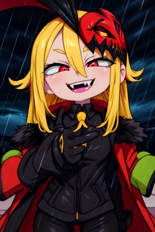 8k resolution, high resolution, masterpiece, long black scaly coat, open coat, yellow hair, white trickster mask,mocking smile painted on the mask,red smile, fanged smile,red eyes painted on the mask,squinted eyes, black gloves, black pants, arms thrown to the side, looking at the viewer, scarlet lightning in the background, rain, thunderstorm, the whole body in the frame, solo, detailed eyes, super detailed, extremely beautiful graphics, super detailed skin, best quality, highest quality, high detail, masterpiece, detailed skin, perfect anatomy, perfect hands, perfect fingers, complex details, reflective hair, textured hair, best quality, super detailed, complex details, high resolution, looking at the viewer, rich colors,Mrploxykun,JCM2